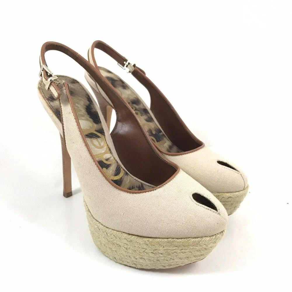 Sam Edelman Novato Slingback Heel Pumps Canvas Sand Jute Wrapped Women Size 6.5M